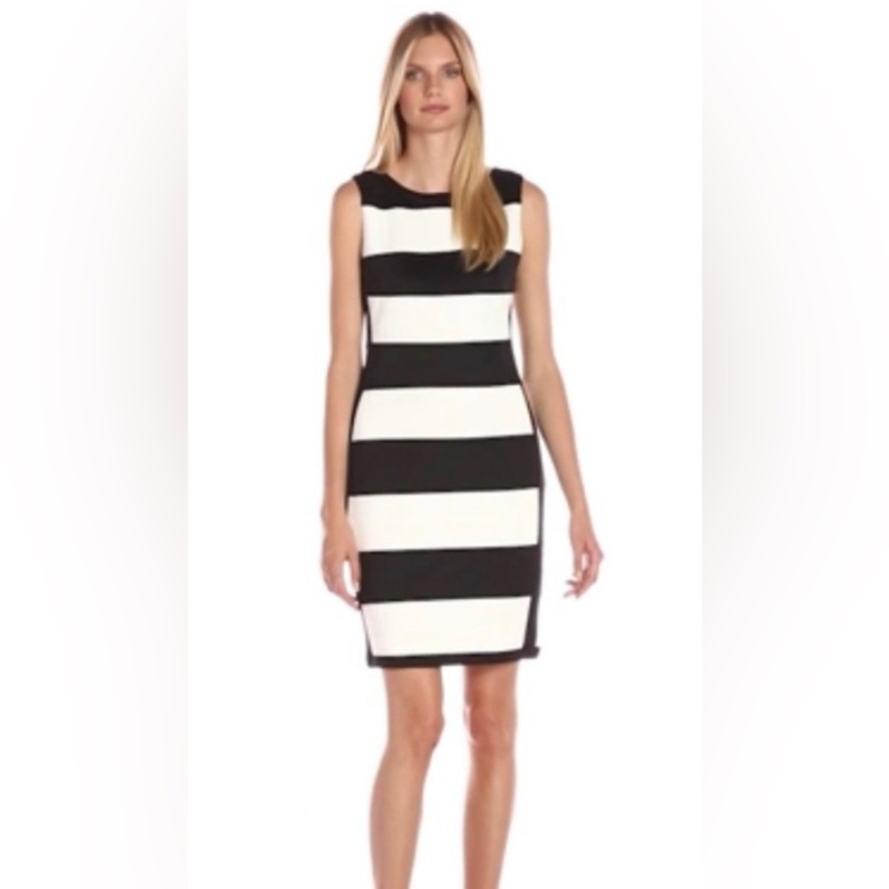 Classy! Calvin Klein Dress 4 Black-Ivory Striped Sleeveless Sheath Dress RN54163